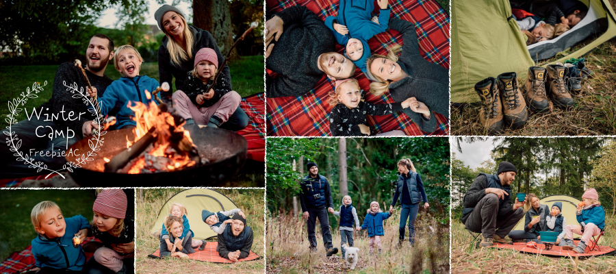 享受冬天野營的材料的家庭照片