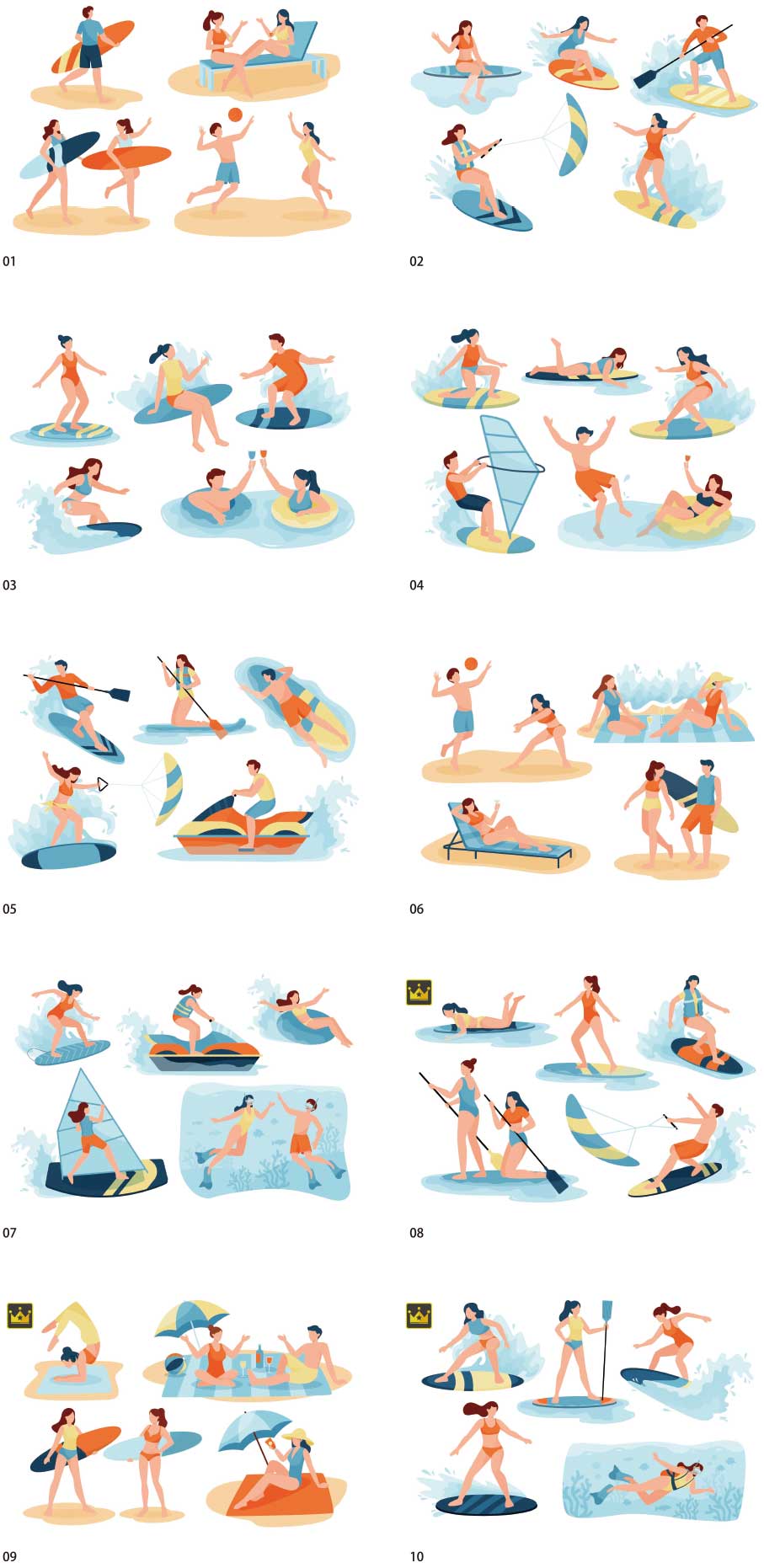 Bộ sưu tập minh họa các hoạt động thể thao biển