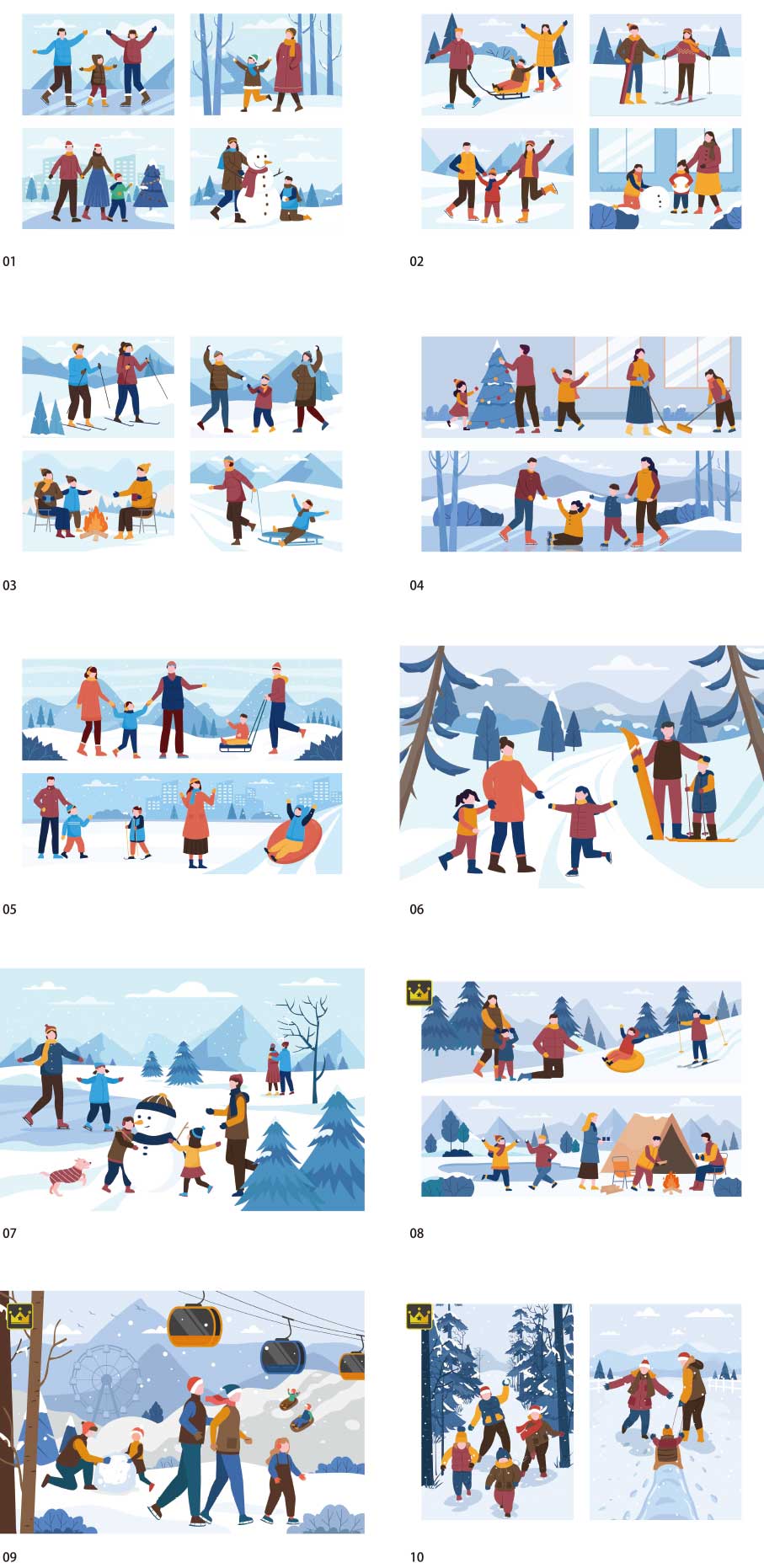 Bộ sưu tập minh họa gia đình dành thời gian bên ngoài vào mùa đông
